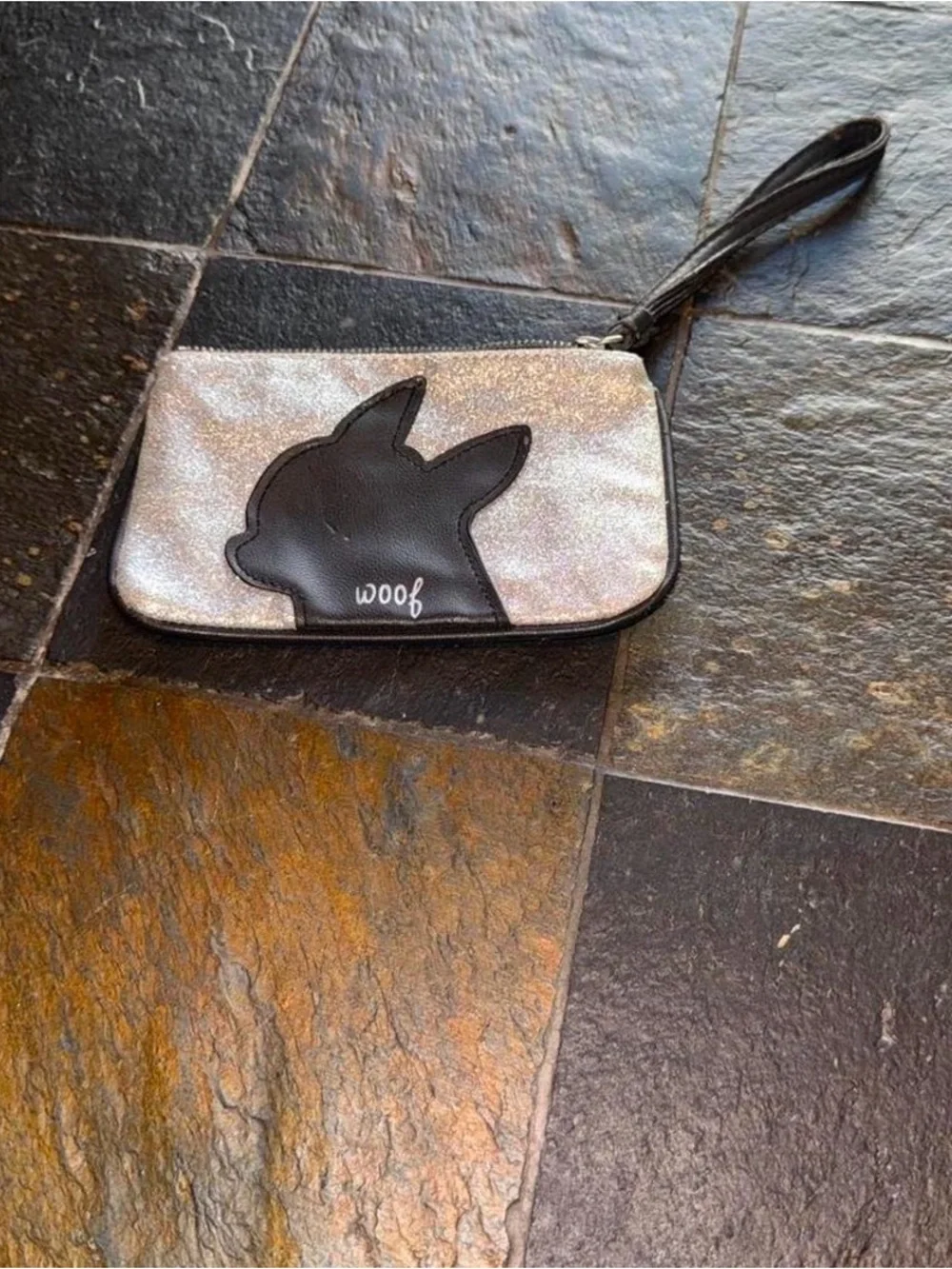Silver Glitter Wristlet Clutch with Black Dog Silhouette